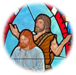 Stained Glass window depicting the baptism of Jesus.
